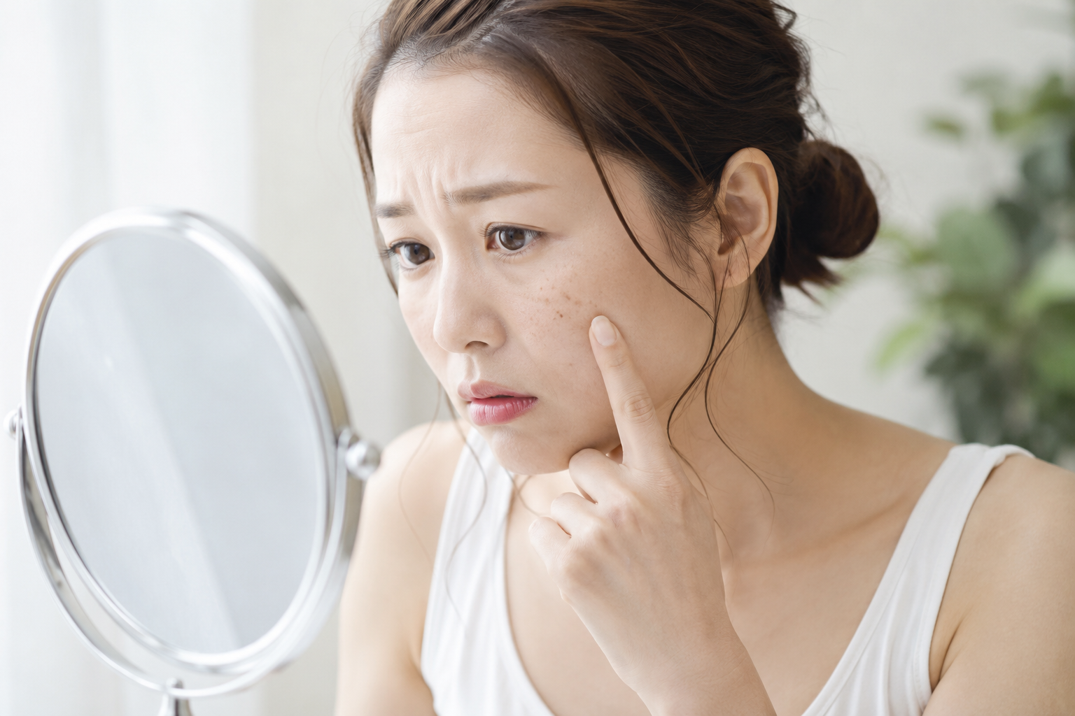 鏡でシミを気にする女性